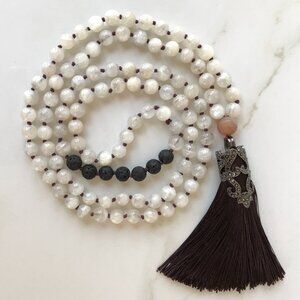 MOONSTONE & BLACK LAVA MALA HAND KNOTTED WITH FANCY BROWN TASSEL